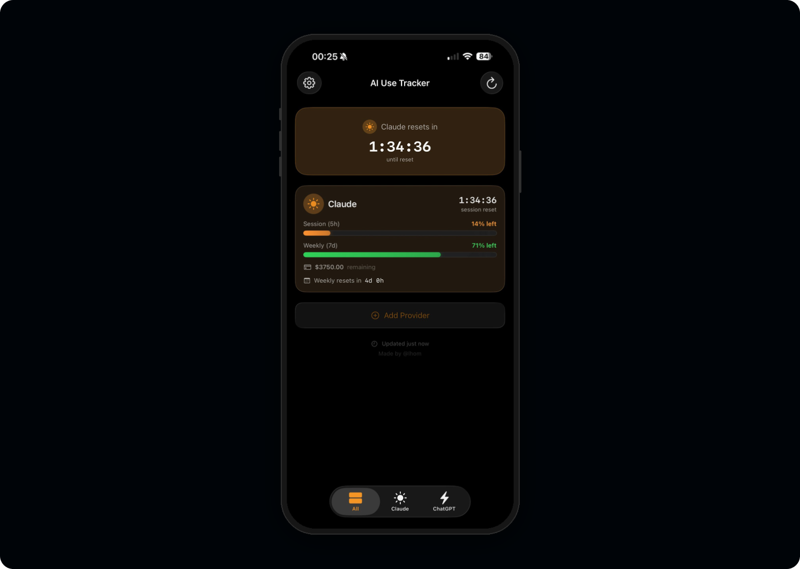 AI Use Tracker dark mode with single provider connected, showing Claude usage details and Add Provider option